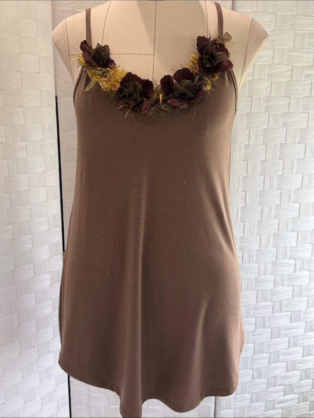Brown Floral-Trim Cami Top Tunic Length